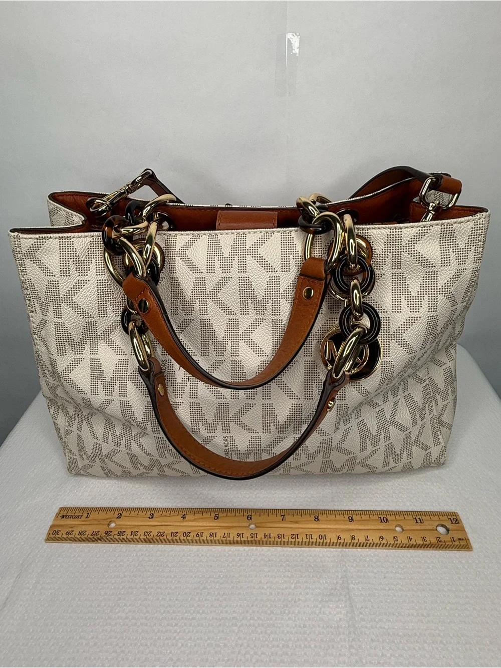 Michael Kors Cream Logo Tote with Brown Leather Straps